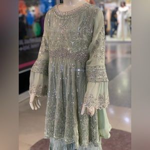 3piece chiffon embroidered peplum with ghrara for girls